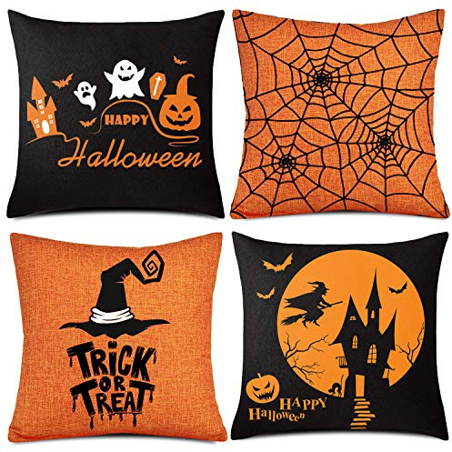 Whaline 4 Pieces Halloween Pillow Case, Orange and Black Pillow Cover, Happy Halloween Linen Sofa Bed Throw Cushion Cover Decoration (18 x 18)