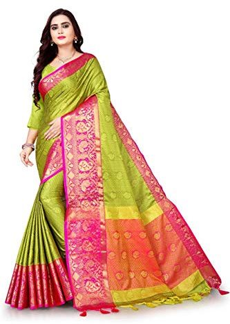 MOHIT CREATIONS Wedding Wear Traditional Pure Cotton Silk Saree With Unstitched Blouse Piece (Green)