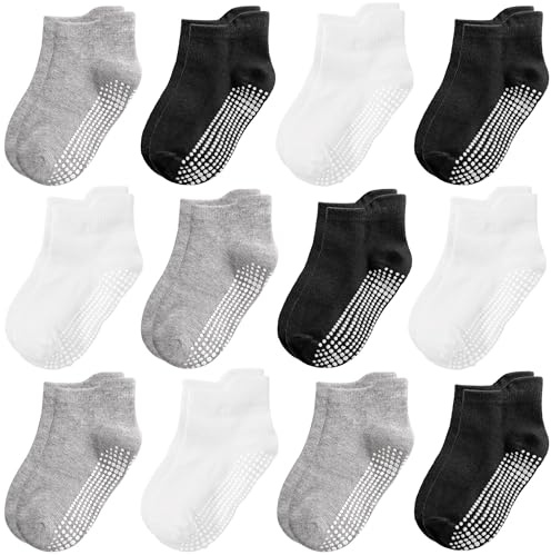 Tphon Non Slip Toddler Socks 12 Pairs Kids Grip Sock for Boys Girls Baby Ankle Socks with Gripper for 6-12 month baby