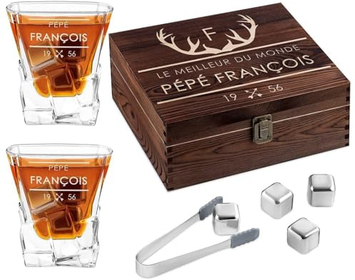 Maverton 8 Pierres à Refroidissement & 2 Verres gravés pour Homme | Verres à Whisky 250 ML dans la boîte Personnalisée en Bois, Cadeau d'anniversaire pour Chaque Homme, Bois