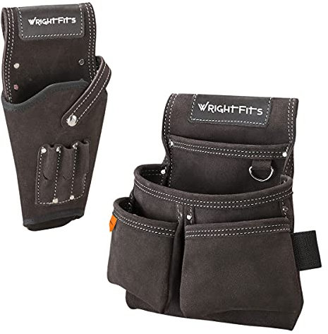 WrightFits Leather Tool Pouch & Drill Holster, Double Pocket Organizer for tools, Nails & Screws - Drill Holder with 3 pockets Pockets for Drill Bits Organizer