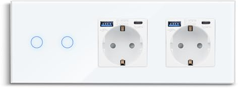 CNBINGO 2-Fach Lichtschalter mit USB Schnellladen Doppelsteckdose, Weiß | Glas Touch Wandschalter und Schuko Steckdose, 20W USB Schnellladen Wandsteckdose Unterputz, Zweifach Schalter mit Status-LED