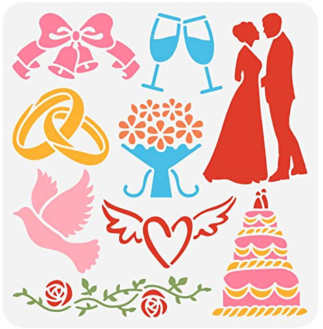 FINGERINSPIRE Wedding Stencil 11.8x11.8inch Bride & Groom Ring Rose Bells Champagne Doves Cake Flowers Love Hearts