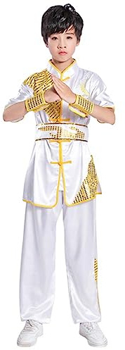 Kung Fu Master Tai Chi Dragon Chinese Uniform Top Shirt Trousers Set Outfit for Boys and Girls, White/Opulent Garden, 5-6 Jahre