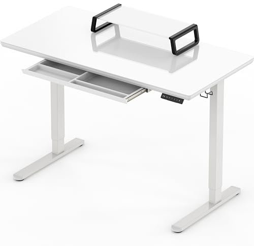 SHW 48x24 Glass Electric Height Adjustable Standing Desk – Motorized Sit Stand Desk with Monitor Riser, Pull-Out Drawer, Memory Presets, White