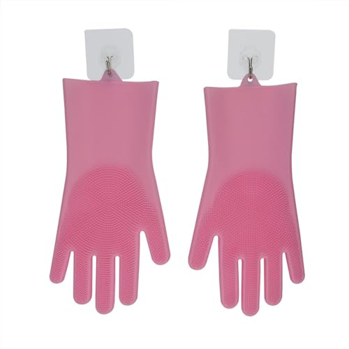Zundo Silicone Cleaning Dish Gloves with Brush, Reusable Household Gloves with Magic Brush, Silicone Washing Gloves (Pink)