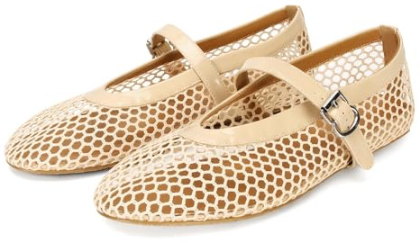 DOEYG Mesh Ballet Flats for Women Round Toe Mesh Flats Ballet Shoes Buckle Strap Mesh Mary Jane Flats Comfy Casual Office Summer Fishnet Ballerina Flats Shoes Nude