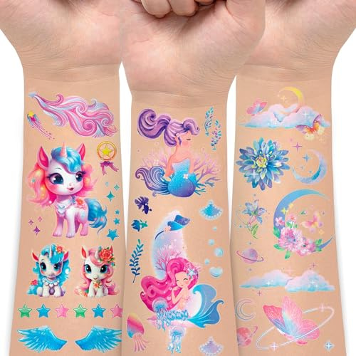 300 Stile Glitter Butterfly Tattoos für Kinder, Meerjungfrau Tattoos für Kinder Mädchen, Glitter Make-Up Schmetterling Fee Party Favors Zubehör (24 Blätter)