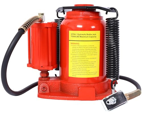 Pneumatic Air Hydraulic Bottle Jack, 32 Ton/64,000 LBS All Welded Bottle Jack, 10.4-16.3 inch Lifting Range, with Manual Hand Pump & Handle,Heavy Duty Auto Truck Travel Trailer Repair Lift