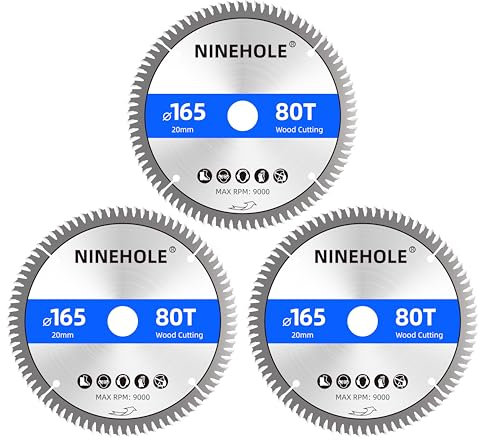 3 Lames de scie circulaire 165 x 20 mm (anneau 16 mm), 80 dents Coupes propres, Disque à Tronçonner pour Bois, Sèche, Stratifié, Cloison, Contreplaqué, Plastique