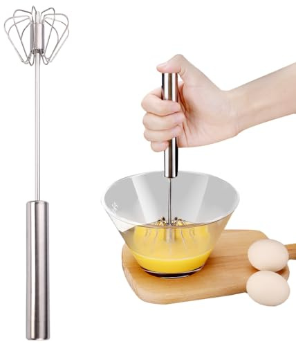 Halbautomatischer Schneebesen aus Edelstahl, Halbautomatischer Schneebesen, Halbautomatischer Schneebesen aus Edelstahl, Drehbarer Push Mixer Rührer zum Schneebesen, Schlagen, Rühren (10in)