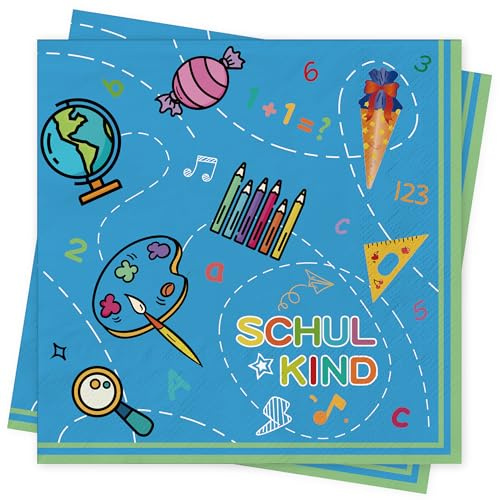 Servietten Einschulung Schulanfang Schuleinführung Deko - 40Stück BUSCANDO Tischdeko Einschulung Schuleinführung Schule mit Zuckertüte und ABC Servietten Schulanfang Junge Mädchen 33x33cm