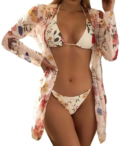 Maillot De Bain Transbronzant Ensemble 3 pièces imprimé Floral très Extensible, Maillot de Bain Triangle, col Licou, Bretelles à Nouer, Bikini et Manches Maillot De Bain Femme Ronde (Beige, L)
