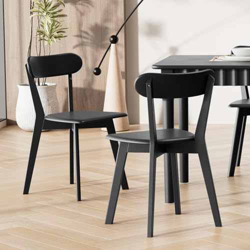 MORDEER Solid Wood Dining Chairs Set of 2, Mid Century Modern Dining Room Chairs with Curved Backrest, Wooden Armless Kitchen Chairs for Dining Room, Space Saving, Black