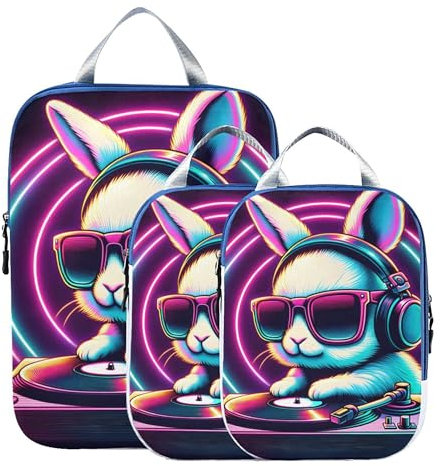 ALAZA Lot de 3 cubes d'emballage de compression pour valises, lunettes de soleil Dj Lapin en lumière néon colorée pour voyage, bagages, cubes d'emballage pour vêtements, chaussures, rangement à la