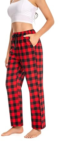 Cyathea Schlafanzughose Damen 100% Baumwolle Flannel Pyjamahose Kariert Loungehose mit Taschen Nachtwäsche Unterteil Schlafhose Weich für Frauen Verstellbaren Tunnelzugbund Rot KariertS