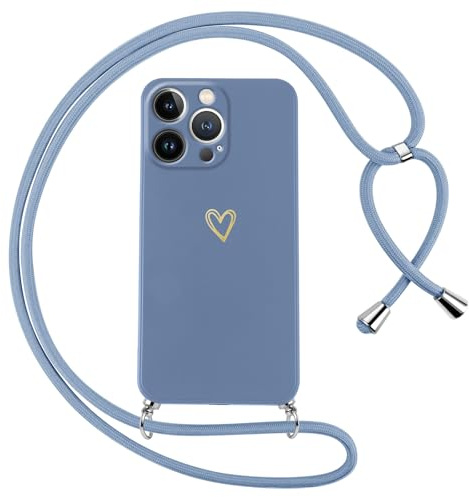 Oelrstfe Handyband für iPhone 13 Pro Hülle mit Band Herz Motiv Handyhülle für zum Umhängen Silikon Stoßfest Ultra Dünn Weich Schutzhülle mit Kordel Necklace Kette Love Muster Case,Blau