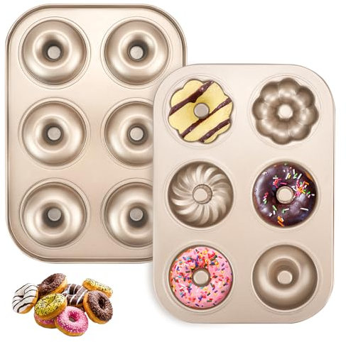 XINGYATU Donutform mit 6 Mulden, 2 antihaftbeschichtete Backformen, Backblech aus Karbonstahl mit 3 Mustern, Mini-Donut-Backformen, Backform für Kuchen, Kekse, Bagels, Muffins, Donuts