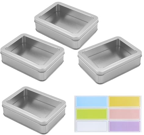 JRSHIRLEYLTD 4 cajas de metal con tapa, caja de almacenamiento con 1 etiqueta adhesiva, lata organizadora plateada para caramelos, objetos pequeños