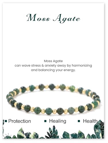 Uwiyo Naturstein Armband für Damen, 4mm Perlenarmband Vergoldete Kugelarmband Edelstein Armband Perlen Armbänder für Fraun Mädchen für Geburtstag Muttertag Weihnachten (Elastisch-Moosachat)