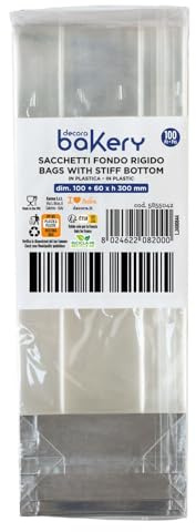 Decora 5855042 Lot de 100 sacs en plastique transparents pour aliments, avec fond en carton rigide 100 + 60 x 300 mm h, pour l'emballage de bonbons, biscuits et chocolats