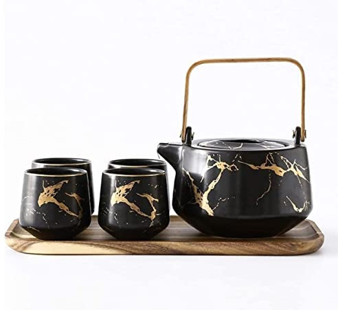 Juego de té, Taza de café, Juego de té de cerámica, Tetera Grande de cerámica, 4 Tazas de té con Bandeja de Madera (6 Piezas Negras)