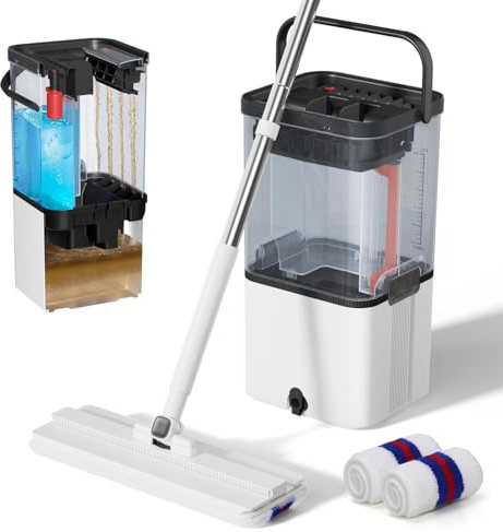 Masthome Mocio e Secchio con Strizzatore, Mocio Lavapavimenti Professionale, Mop e Secchio con Sistema di Separazione Dell'Acqua Pulita e Sporca, con 2 Panno in Fibra, per Casa, Bagno e Ufficio
