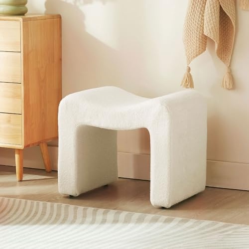 TROJM Small Footstool Ottoman Vanity Stool Chair Seating Backless Modern Foot Rest Teddy Velvet Ottoman for Makeup Room Living Room Bedroom Entryway,White (Single 1)
