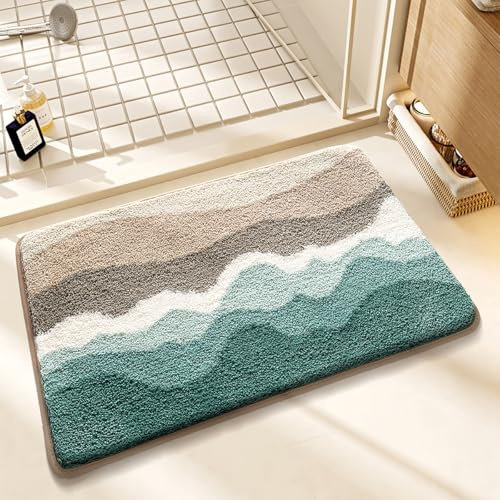 Loismood Süßer Badezimmerteppich Ozean-Motiv, super saugfähig, maschinenwaschbar, rutschfest, Flauschiger Teppich für Dusche, Schlafzimmer und Wohnzimmer, 40 x 60 cm, Grüner Strand