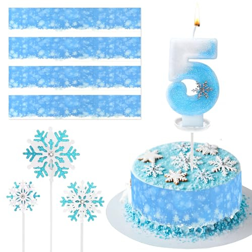 8 Stück Schneeflocke Geburtstagskerze 5, mit Tortenband Winter Essbar und Muffin Deko, Tortendeko Winter Essbar, Zahlenkerze 5 Schneeflocken Deko, Kerze 5 Geburtstag Mädchen
