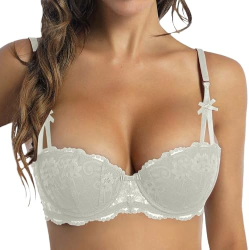 EQWIGKEIT Dirndl BH Weiss, Damen Dirndl BH Push Up Balconette Mit Bügel Sexy Spitze Bra Halbschale Transparent Trachtenmieder Bralette Grosse Grössen Gepolsterten Minimizer-BHS