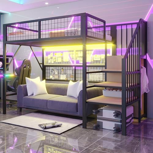 Merax Metall-Hochbett 90x200 cm, mit LED-APP-Streifen, Leiter-Aufbewahrung und offenem Schrank, Stauraum unter dem Bett, für Kinder und Jugendliche, Schwarz (ohne Matratze)