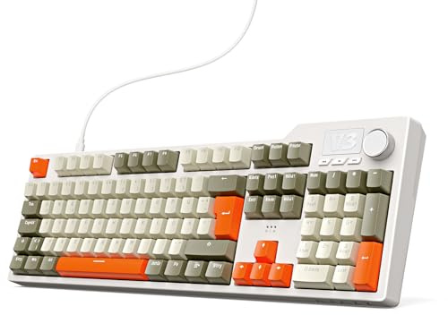 nacodex AJAZZ AK35I V3 Kabelgebundene Mechanische Tastatur, 104 Tasten Gaming Tastatur, Ausgestattet Mit Multimedia-Tasten Und Drehknopf, Mit Deutschem QWERTZ-Tastaturlayout, Grau Beige Orange