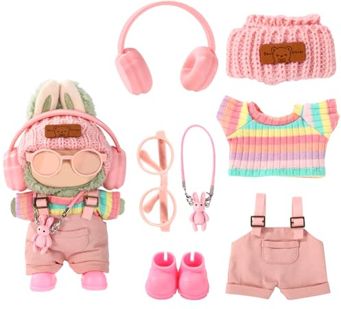 7stk Plüschpuppen Kleidung Set, Bezaubernde Regenbogen Oberteile Hosen Kopfhörer Brille Tasche Hut und Schuhe Modepuppen Outfit Set zum Anziehen und Präsentieren