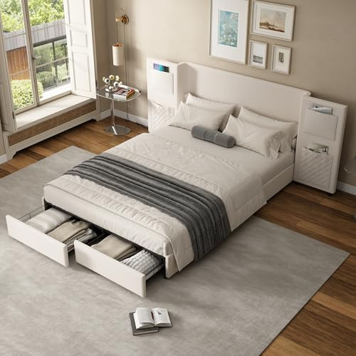 Miyemo Double Bed Frame with Storage Drawers, 4ft6 Upholstered Bed with Headboard for Adults & Teenagers, Headboard with Storage Pockets, Drawers on Wheels, Velvet + Plywood, Beige, (No Mattress)