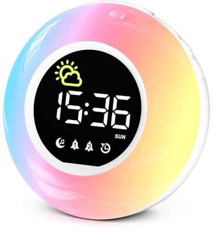 HERMIC Alarm Clock, Digital Alarm Clock Bedside with Night Light, 12 White Noise, Adjustable Volume & Brightness, 10 RGB Night Light, Timer, Snooze, Clock for Kids Adults Mains Powered (Incl. Adapter)