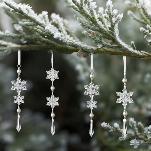 4 Stück Acryl Schneeflocken Deko, Eiszapfen Eistropfen Anhänger, Kristall Schneeflocken Weihnachtsbaum Ornament, Transparent Christbaumschmuck für Winter und Weihnachten Tischdekoration