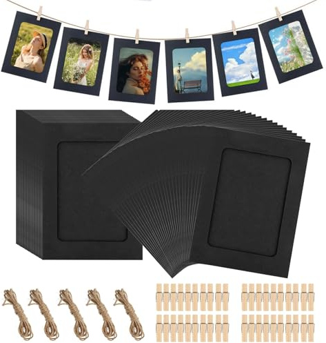 Fotogirlang 50 stycken fotokoppel med klämmor, 10 x 15 cm gör-det-själv papper bildram svart med 50 stycken träklämmor 5 stycken hamparep 15 cm fotoram av kartong för gör-det-själv födelsedag bröllop