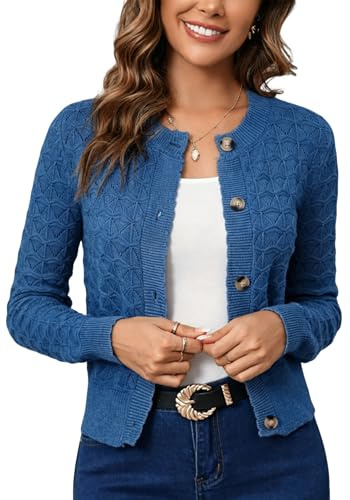 Boléro Femme Cardigan Court Gilet Veste Tricot Bouton Manches Longues Évidée Robe T Shirt Bretelle Chic Rétro Elégante Soirée Fête Décontracté Bleu Jean M