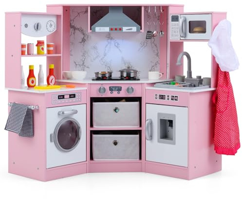COSTWAY Barnkök i Trä med Ljus och Ljud – Leckökshörn med Köksfläkt, Vattencirkulation, Vattendispenser och Tvättmaskin – Inkl. Tillbehör – För Barn från 3 år – Rosa