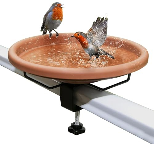Bain d'oiseaux monté sur le pont - Distributeur d'eau à clipser pour l'extérieur de 30,5 cm - Bol amovible | Jardin, cour, terrasse, balustrade, mangeoire à oiseaux pour la maison, l'appartement