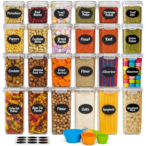 GiDeli Tarros de almacenamiento con tapa herméticos – Juego de 24 recipientes de plástico – sin BPA – Cajas de almacenamiento de cocina grandes – Organizador para harina, azúcar y granos – Con