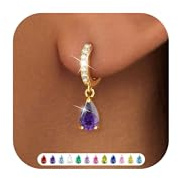 ZNBOH Boucles d'oreilles Pendantes Femmes Plaqués Or 18 Carats Piercing Oreille Pierre de Naissance Zirconium Améthyste Diamante Émeraude Sapphire Boucle d'oreille Bijoux Cadeau Anniversaire Femme