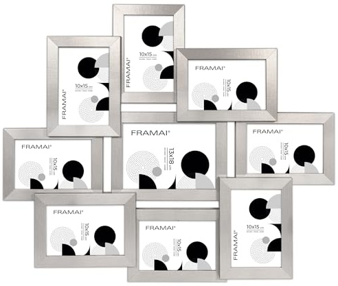 FRAMAI Multirahmen für 9 Fotos – Bilderrahmen Collage aus MDF Holz mit bruchsicherem Plexi – Modern & vielseitig – Hergestellt in der EU – Silber