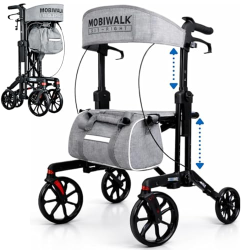 MobiWalk SIT-Right Rollator Walker with Adjustable Seat & Handles | Extra Wide Padded Backrest | 8” Wheels with Brakes & Parking Lock | Easy Foldable with Storage Bag