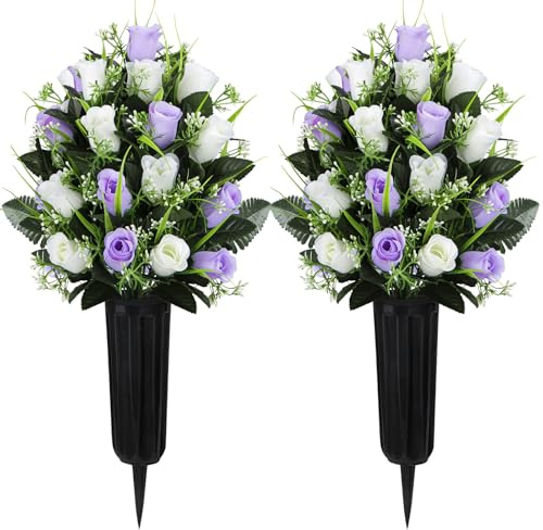 Velibobo 2 Sets Artificial Cemetery Flowers, Grave Decorations Roses, Memorial Flowers Bouquet with Vase for Cemetery Graveyard Headstone Decorations (Light Purple-White)