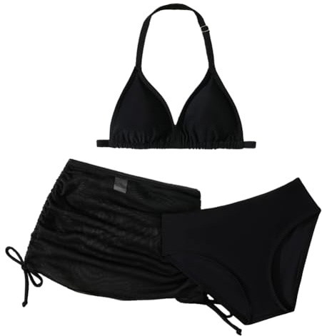 Hotfiary Girls Swimsuit 3 Piece Bikini Set for 6-14 Years, Backless Halter Bikini Top & High Waist Brief & Ruched Mesh Cover Up Skirt Swimwear Set, Kids Swimming Costume Summer Beach Pool Bathing Suit
