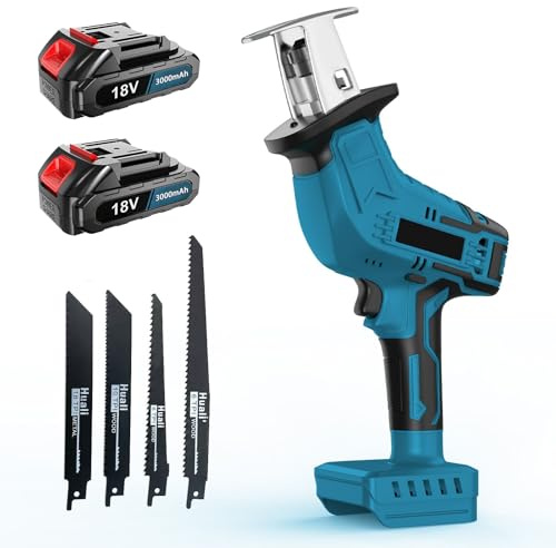 Sierra de sable con batería con 2 baterías de 3000 mAh, velocidad variable de 0 a 3000 spm, sierra de sable inalámbrica de 18 V con 4 hojas de sierra, para metal, madera, tubos de PVC, corte de árbol