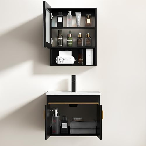 NOYHHAV Mueble de Baño Suspendido con Lavabo Cerámico sobre Encimera con Armario con Espejo,Mueble Bajo Lavabo Conjunto de Muebles de baño (Negro, 50 * 36CM+45 * 60CM)
