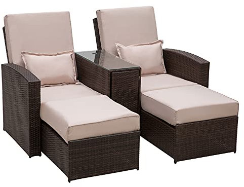 Outsunny Double Rattan Sun Lounger, Already Assembled Reclining Garden Lounger with Retractable Footrest, Glass Top Storage Table with Umbrella Hole, Garden Sunbed with Cushions and Pillows, Brown